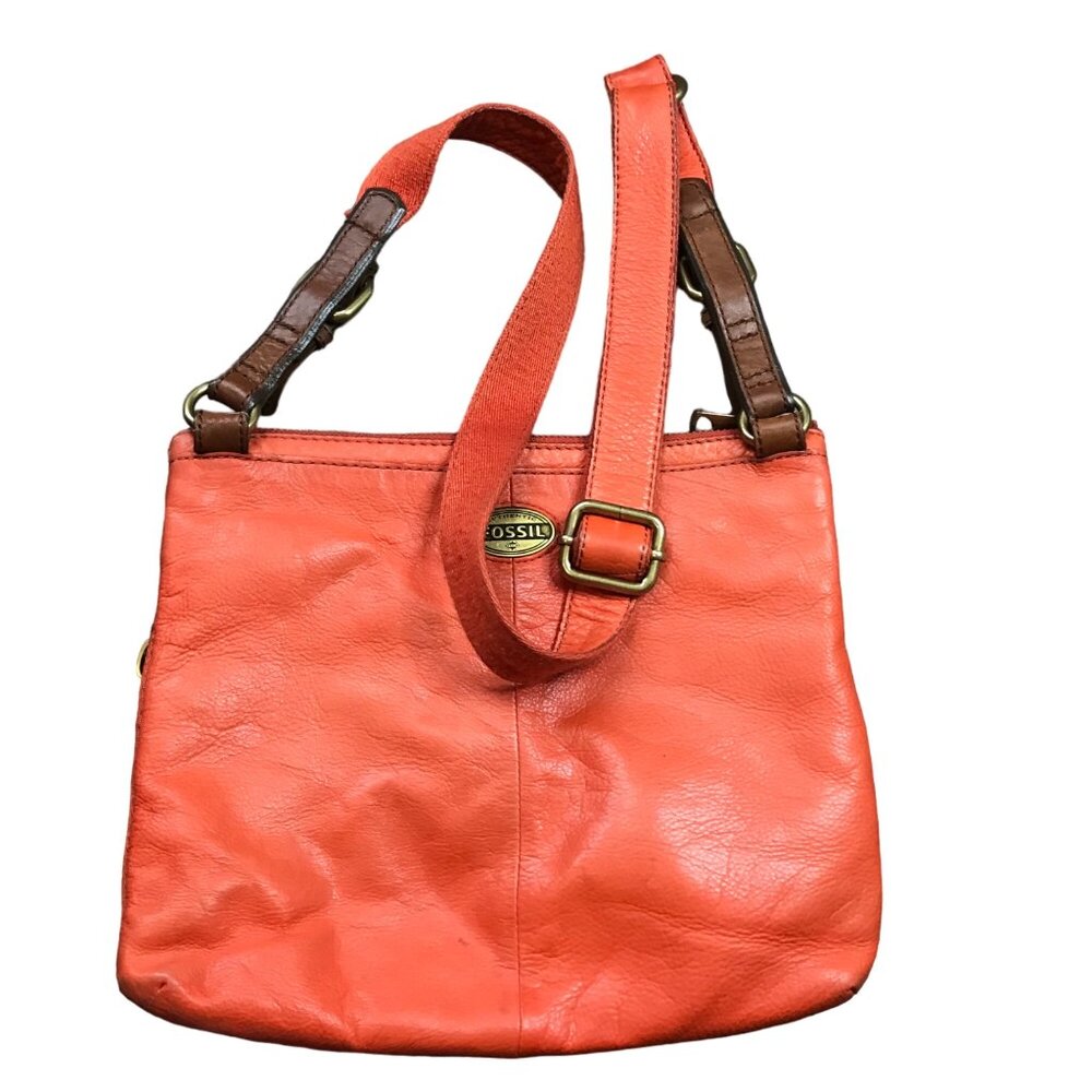 FOSSIL Explorer Crossbody Bag Orange Pebbled Leather Zip Top‎ Purse Pockets FLAW - Picture 2 of 16